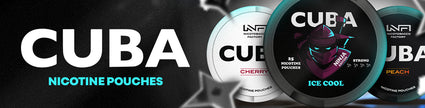 Cuba nicotine pouches banner featuring Cherry, Ice Cool, and Peach flavors.