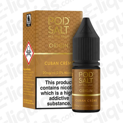 Pod Salt Cuban Creme Nic Salt E-liquid 20mg 10ml bottle with packaging, featuring rich cigar and vanilla flavors.