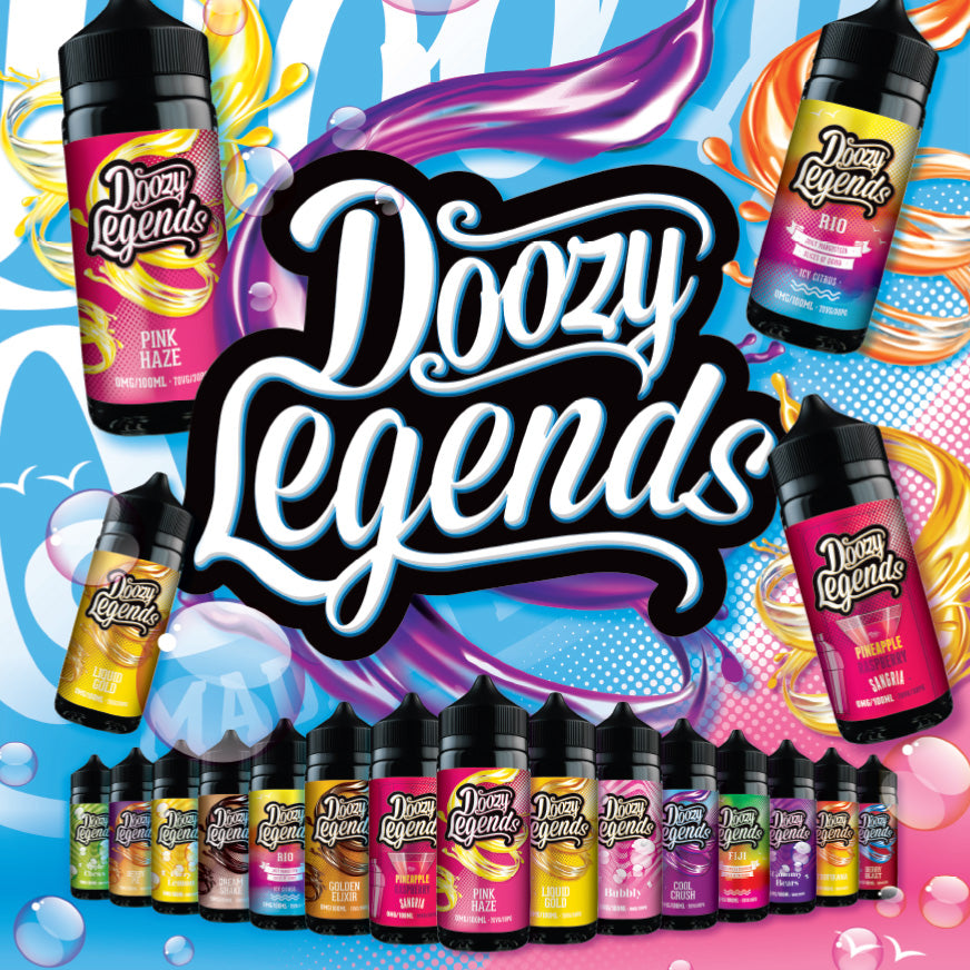 Doozy Legends e-liquid collection with various flavors like Pink Haze and Rio displayed in colorful bottles with vibrant backgrounds.