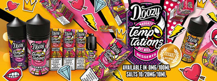 Doozy Temptations e-liquid range with colorful packaging, various bottle sizes 0mg/100ml, 10mg/20mg/10ml salts, dessert flavors.
