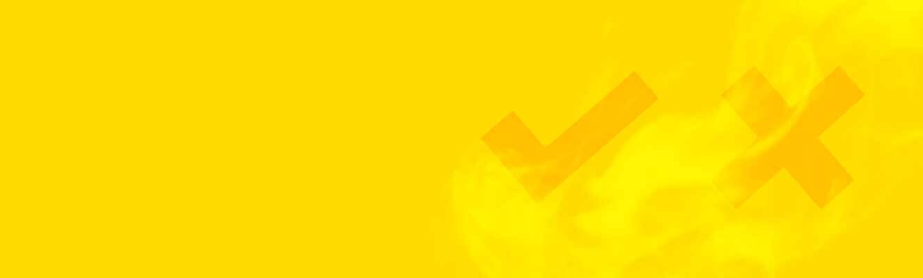 Yellow background with check and cross symbols in orange hues.