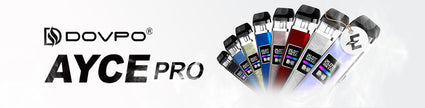 Dovpo AYCE Pro vape devices displayed in various colors with branding and technology features.