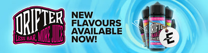 Drifter e-liquid bottles and text 'New Flavours Available Now!' on a vibrant blue background.