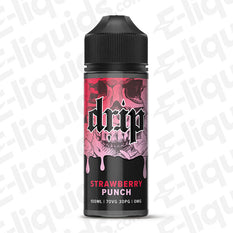 Strawberry Punch Shortfill E-liquid by Drip, 100ml bottle, vibrant design featuring ripe strawberries, 0mg nicotine.