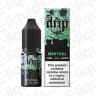 Drip Menthol Nic Salt E-liquid in 10ml bottle, offering smooth mint flavor and nicotine options of 10mg and 20mg.