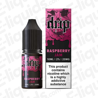Drip Raspberry Jam nic salt e-liquid 10ml bottle with 10mg and 20mg nicotine options, perfect for fruity vaping.