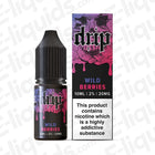 Bottle of Wild Berries Nic Salt E-liquid by Drip, featuring a colorful label and nicotine warning.