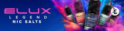 Elux Legend Nic Salts colorful banner showcasing various flavors of e-liquid bottles against a vibrant background.