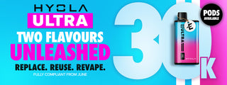 Hyla ULTRA vape advertisement featuring two new flavors with the slogan 'Replace. Reuse. Revape.' and pods available