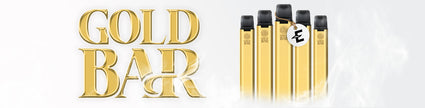 Collection of gold-colored vape pens next to a 'Gold Bar' text design.