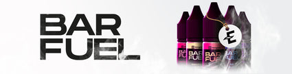 Bar Fuel e-liquid bottles with bold lettering and a foggy background, showcasing vibrant packaging in a promotional display.