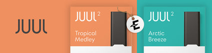 Juul packaging displaying Tropical Medley and Arctic Breeze flavors against colorful backgrounds.
