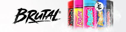 Brutal energy drinks lineup with colorful cans and logo on a white background.