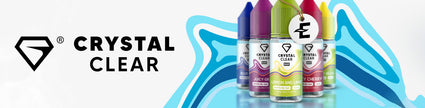 Colorful Crystal Clear e-liquid bottles with vibrant wave design and logo.