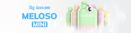 Geek Bar Meloso Mini vape devices in various pastel colors with smoke background