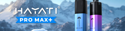 Hayati Pro Max+ vape devices in icy blue and purple against a snowy mountain backdrop, showcasing sleek design and premium quality.