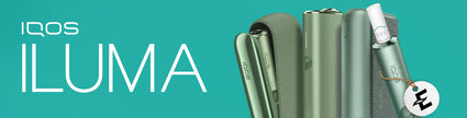 IQOS ILUMA sleek green design against teal background featuring electronic device components.