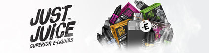 Assorted Just Juice superior e-liquid bottles with colorful packaging.
