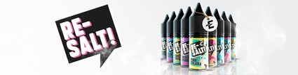 A lineup of colorful e-liquid bottles labeled 'RE-SALT!' in a misty background, highlighting vaping products.