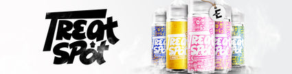 Treat Spot brand e-liquid bottles in various flavors with colorful labels showcasing unique graphic designs.
