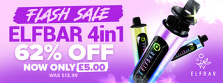 Flash sale banner for Elfbar 4in1 with 62% discount, now £5, highlighting the vibrant product design and offer details.
