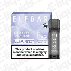 Elf Bar ELFA Blue Razz Lemonade pre-filled vape pods with warning label, 2ml capacity, mesh coil, 20mg nic salt for ELFA Pod Kit.