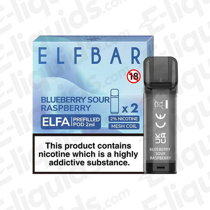 Elf Bar ELFA Blueberry Sour Raspberry pre-filled vape pods with box and warning label; 2ml capacity, 20mg nicotine, mesh coil.
