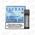 Elf Bar ELFA Blueberry Sour Raspberry pre-filled vape pods with box and warning label; 2ml capacity, 20mg nicotine, mesh coil.