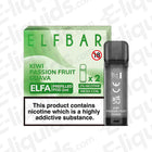 Elf Bar ELFA Kiwi Passion Fruit Guava pre-filled vape pods with 2% nicotine and mesh coil displayed in packaging.