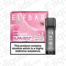 Elf Bar ELFA Pink Lemonade vape pods box and single pod with 2ml e-liquid capacity and 20mg nic salt.