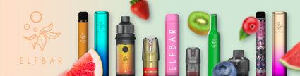 Variety of Elf Bar vape products displayed with fruit accents, highlighting diverse flavors and colorful designs.