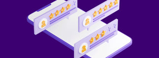3D illustration of smartphone with floating review bubbles showing star ratings on purple background.