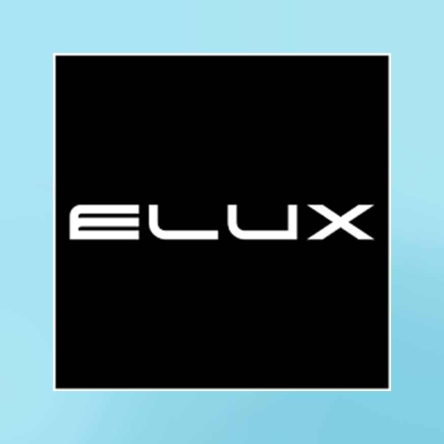 ELUX logo on a blue background, featuring bold white text on a black square design.