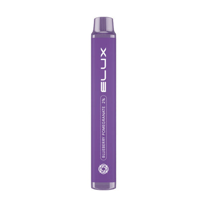 Elux Blueberry Pomegranate Legend Mini 2 disposable vape device, featuring sweet and tangy flavors, 600 puffs, and a built-in battery.