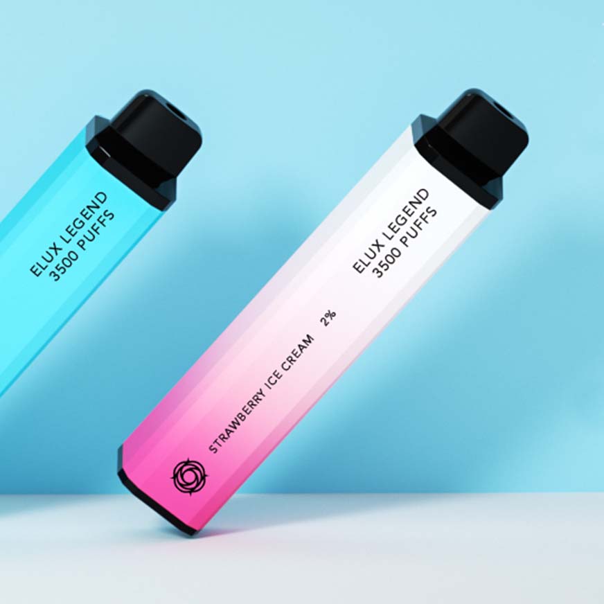 Elux Legend 3500 Puffs vape pen with strawberry ice cream flavor design against a blue background