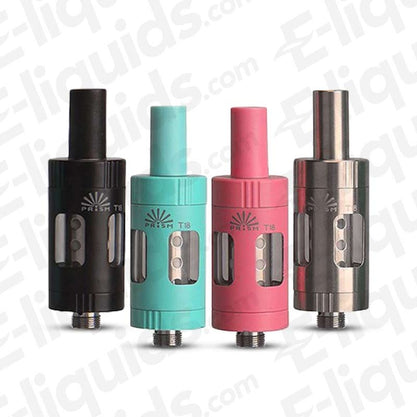 Four Innokin Prism T18 clearomizers in black, teal, pink, and stainless steel against a branded background.