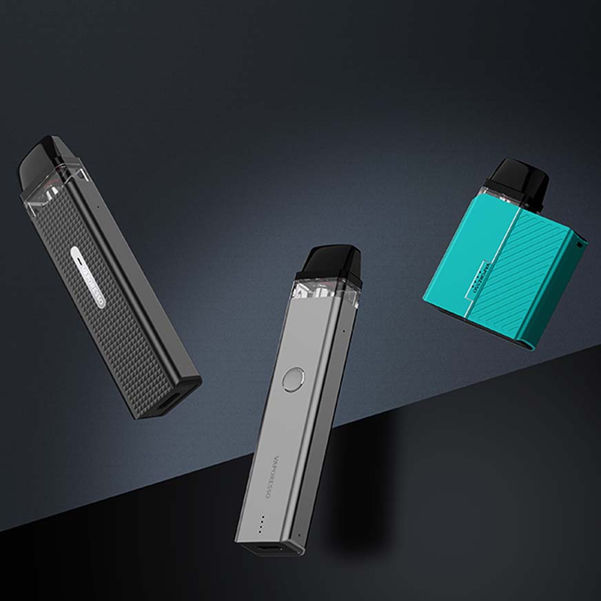 Three sleek vape devices in black, gray, and teal against a dark background, showcasing modern design aesthetics.