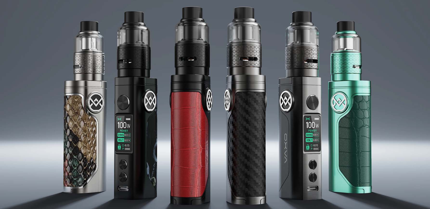 Collection of modern vape devices in various colors and designs displayed against a gradient background.