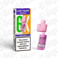 Lost Mary BM6000 Prefilled Pod with packaging, pink pod in fizzy cherry flavor. Offers 6000 puffs, compliant with UK vaping regulations.