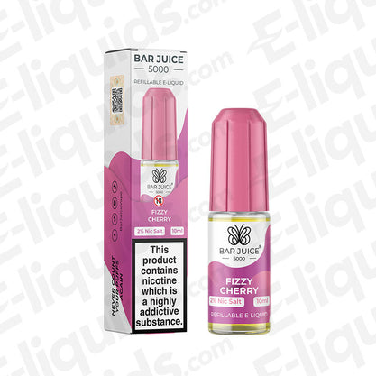 Fizzy Cherry Nic Salt E-liquid by Bar Juice 5000 in a 10ml bottle with packaging on a white background.