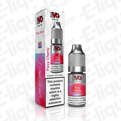 Fizzy Cherry Nic Salt E-liquid by IVG Salts, 10ml bottle with box, featuring cherry soda flavor, available in 10mg or 20mg nicotine strength.