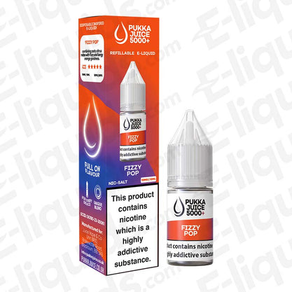 Fizzy Pop 5000+ Salts Nic Salt E-liquid by Pukka Juice, 10ml bottle with citrus flavor, nicotine warning.
