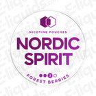 Nordic Spirit Forest Berries nicotine pouches label, featuring vibrant text and branding.