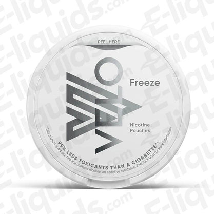 Freeze Nicotine Pouch by VELO in a round container, offering menthol flavor and various nicotine strengths.