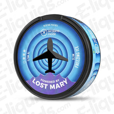 Freezing Ice Airplane Mode nicotine pouches by Lost Mary in a sleek can with icy mint flavor, 18mg/g strength.