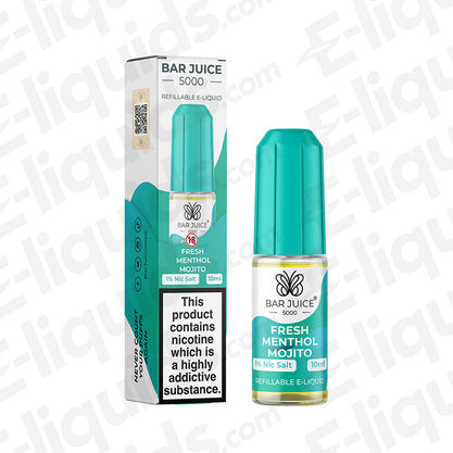 Fresh Menthol Mojito Nic Salt E-liquid by Bar Juice 5000 in 10ml bottle with teal cap and packaging.
