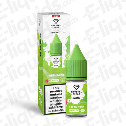 Fresh Mint Nic Salt by Crystal Clear Bar Salts in a green bottle with packaging, offering crisp mint flavor.