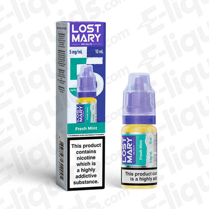 Lost Mary Nic Salt Vape Juice Fresh Mint 5mg 10ml bottle and packaging, compatible with pod and starter kits, 21 flavors available.