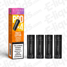 Elf Bar 4-in-1 Fruit Edition Vape Pods pack with flavors: Strawberry Ice, Triple Mango, Watermelon Ice, Cherry Ice.