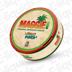 Fruit Punch Nicotine Pouch by MAGGIE featuring tropical flavors, 16mg strength, and Caribbean design.